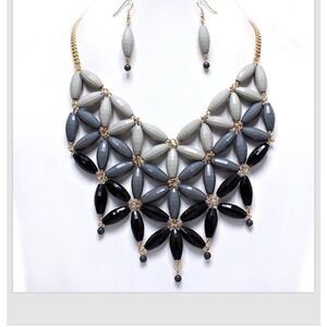 Gray Black Necklace Earrings Flower Bib Statement Jewelry Set Hombre